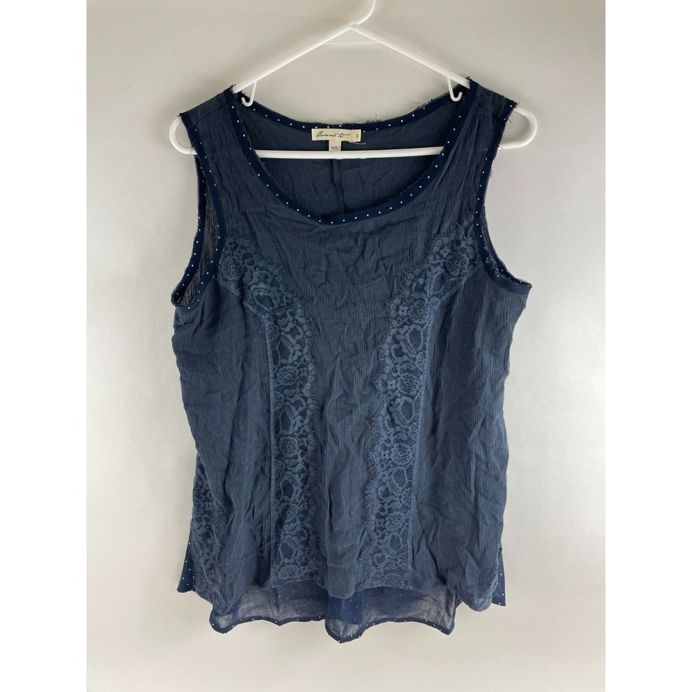 Comme Toi Tank Top Women's Size S Navy Blue Lace Floral Polka Dots Sheer Back